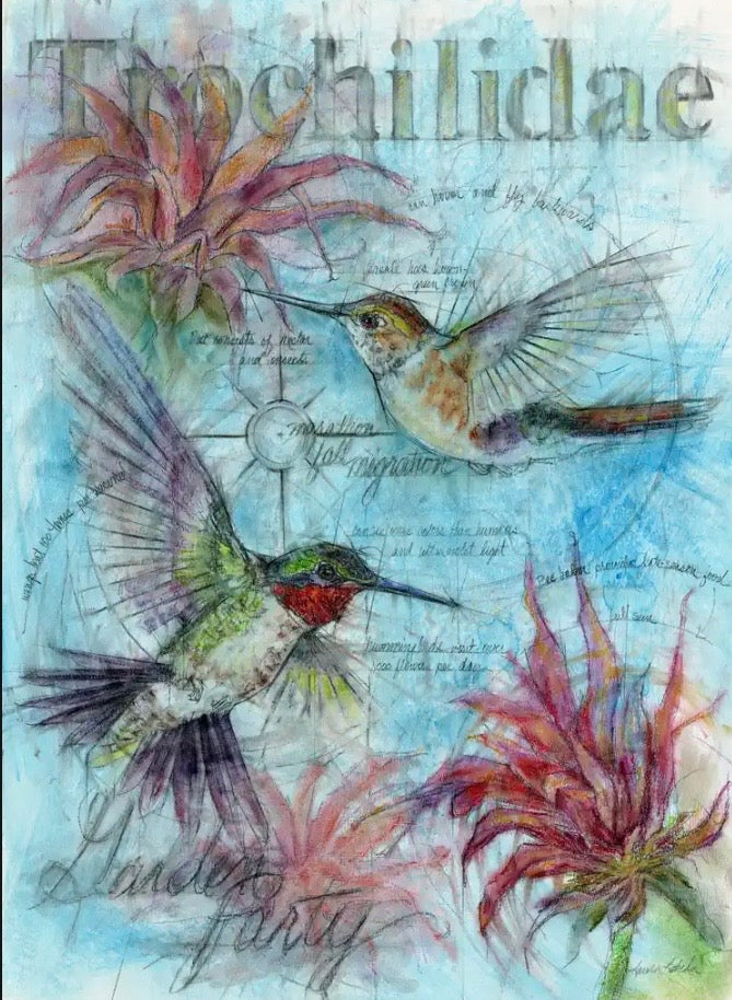 “Garden Party” Hummingbirds 26”x34” Original